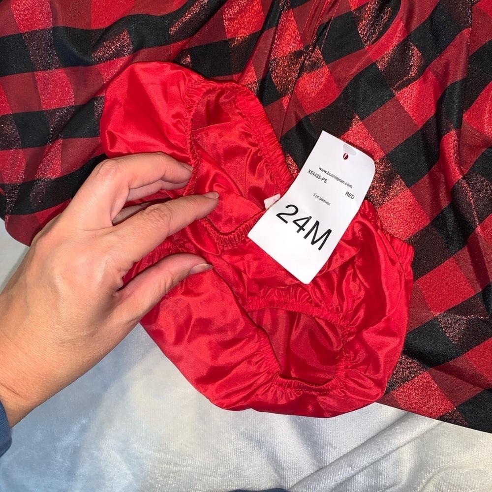 Bonnie baby Buffalo check plaid Red and Black  Dress Bow flutter sleeve 24 mo - Picture 3 of 4